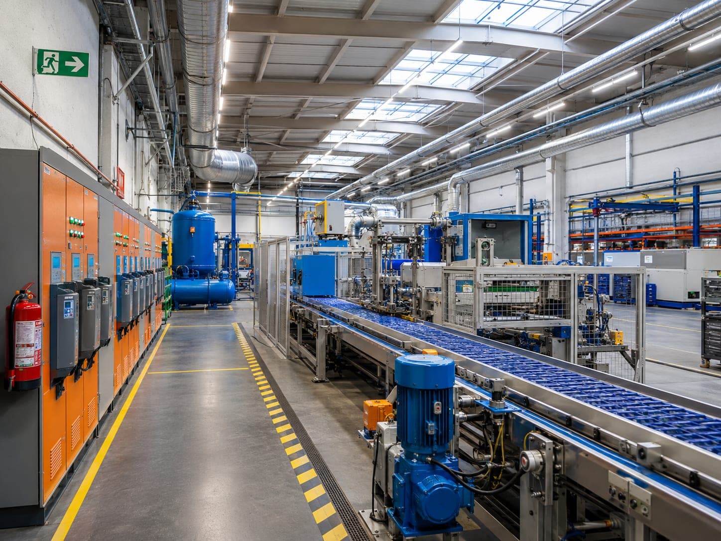 Interior de una nave industrial con una línea de producción, maquinaria de proceso y una hilera de armarios eléctricos, iluminada por luminarias LED en el techo.